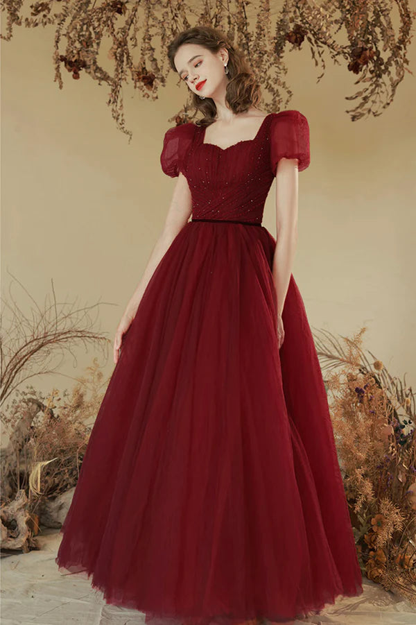 Burgundy Tulle Long A-line Prom Dress Cute Short Sleeve Evening Party Dress