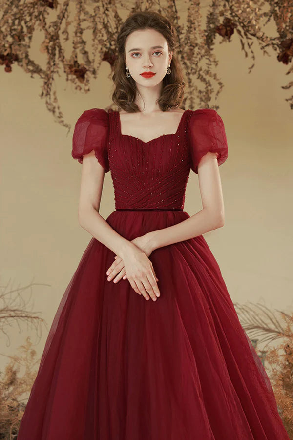 Burgundy Tulle Long A-line Prom Dress Cute Short Sleeve Evening Party Dress