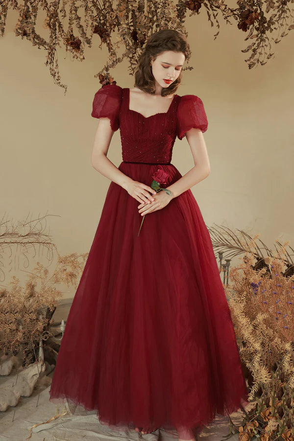 Burgundy Tulle Long A-line Prom Dress Cute Short Sleeve Evening Party Dress