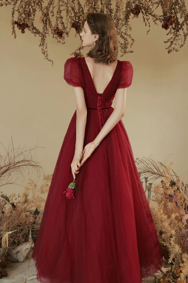 Burgundy Tulle Long A-line Prom Dress Cute Short Sleeve Evening Party Dress