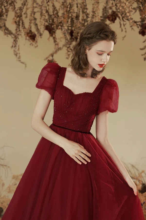 Burgundy Tulle Long A-line Prom Dress Cute Short Sleeve Evening Party Dress