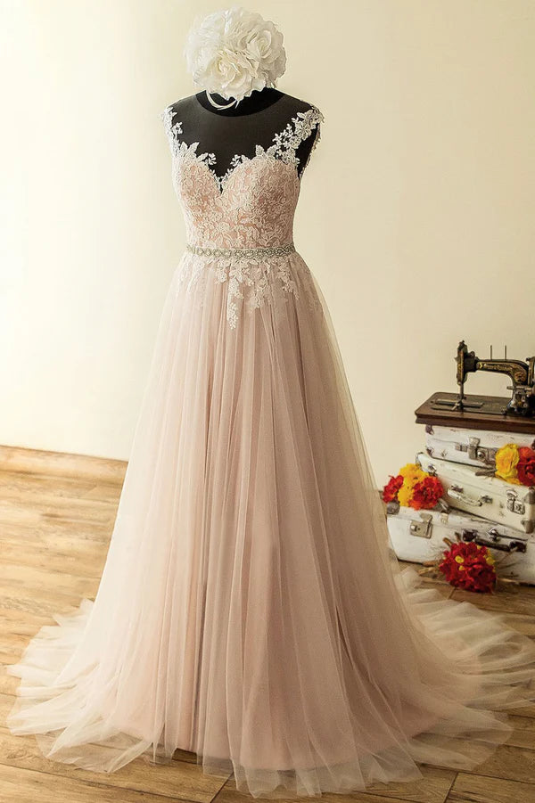 Elegant Tulle Lace Long Prom Dress A-Line Scoop Neckline Evening Dress