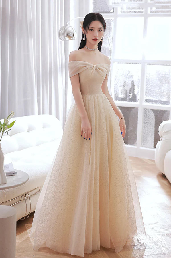Champagne Tulle Long A-Line Prom Dress Champagne Off the Shoulder Evening Dress