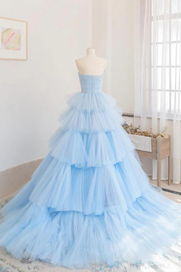 Blue Strapless Tulle Layers Long Prom Dress Beautiful A-Line Evening Dress