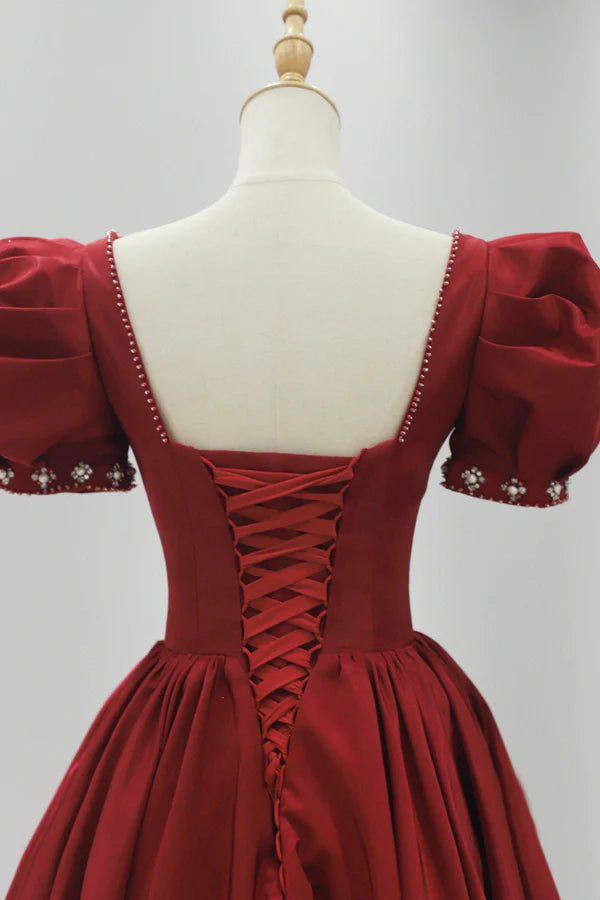 Burgundy Satin Long Prom Dress A-Line Short Sleeve Evening Dress