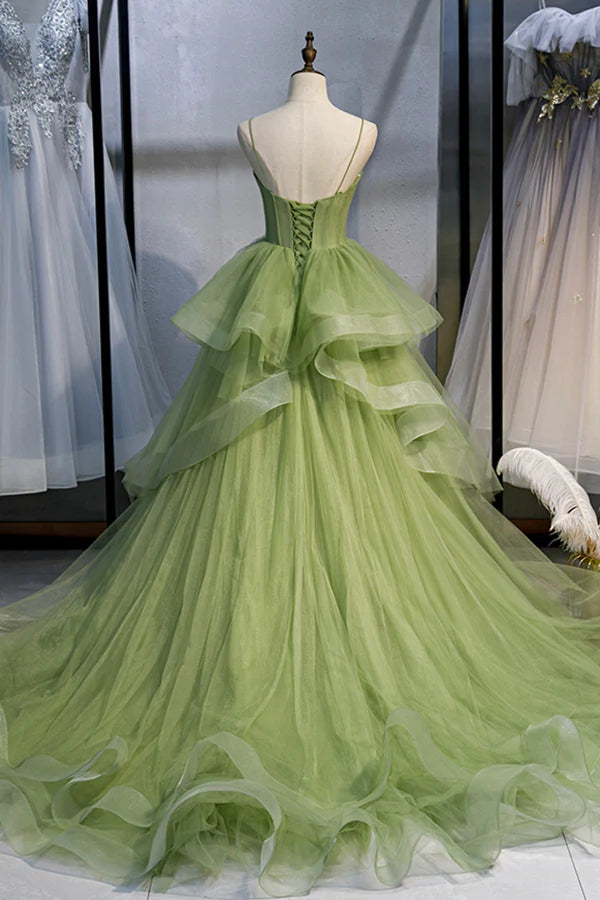 Green Sweetheart Tulle Long Prom Dress Beautiful A-Line Evening Graduation Dress