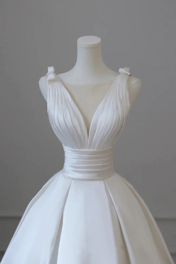 A-Line V-Neck Satin Wedding Dress White Satin Bridal Gown with Bow