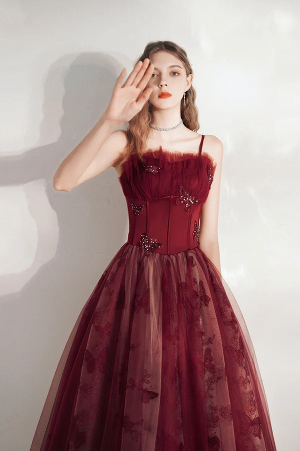 Burgundy Spaghetti Strap Tulle Long Prom Dress Lovely A-Line Prom Dress