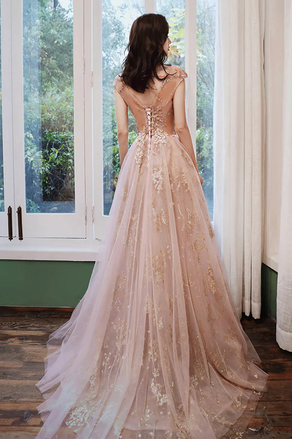 A-Line Tulle Long Prom Dress with Sequins Cute Evening Party Dress
