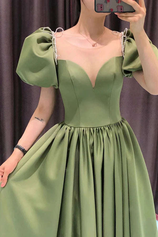 Green Satin Long A-Line Prom Dress Green Short Sleeve Evening Party Dress