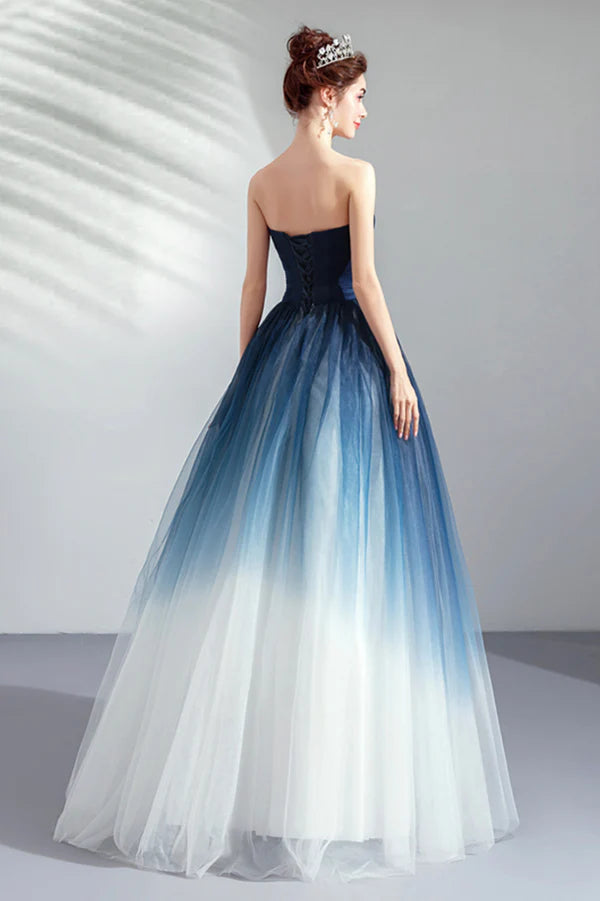 Blue Gradient Tulle Strapless Long A-Line Prom Dress Blue Evening Party Dress