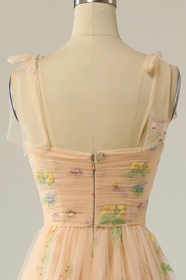 Champagne Tulle Lace Floor Length Prom Dress A-Line Spaghetti Straps Evening Dress