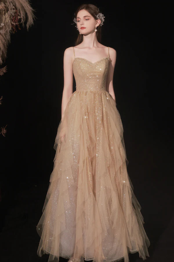 Shiny Tulle Sequins Long Prom Dress Champagne A-Line Graduation Dress