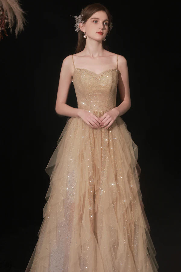 Shiny Tulle Sequins Long Prom Dress Champagne A-Line Graduation Dress