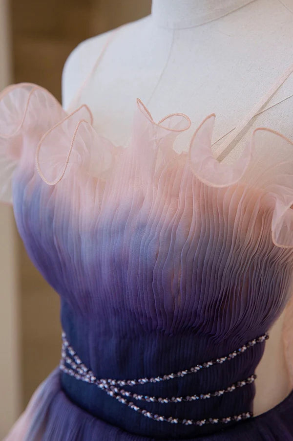 Unique Pink Gradient Long Prom Dress A-Line Strapless Evening Party Dress