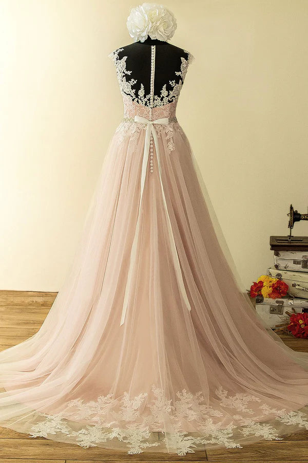 Elegant Tulle Lace Long Prom Dress A-Line Scoop Neckline Evening Dress