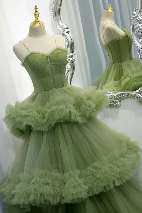 Green Spaghetti Straps Tulle Layers Long Formal Dress Green Evening Party Dress