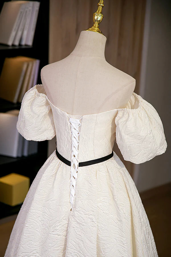 Simple A-Line Jacquard Fabric Long Prom Dress Off the Shoulder Evening Dress