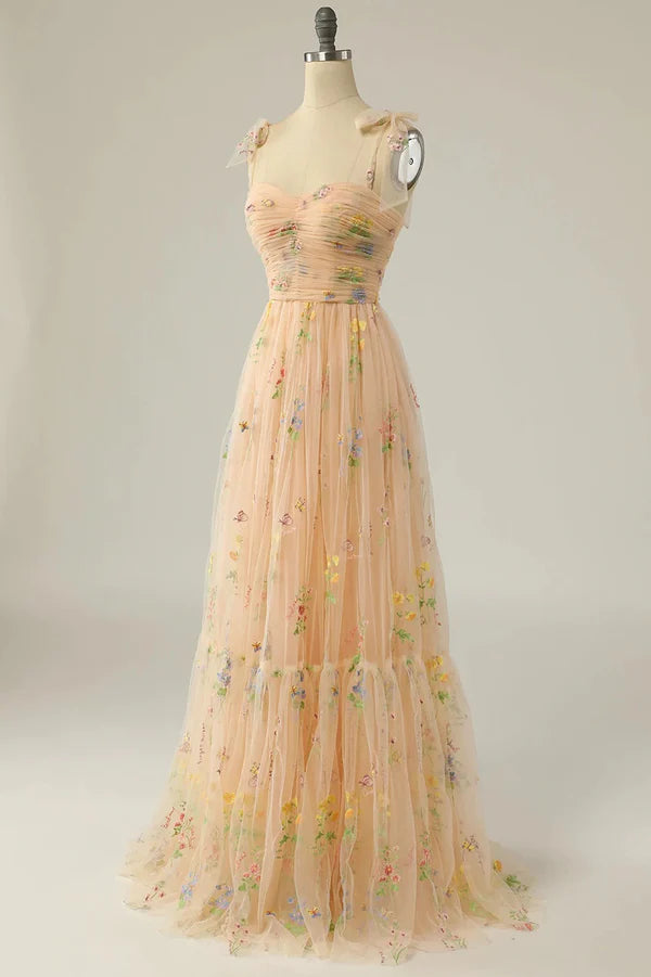 Champagne Tulle Lace Floor Length Prom Dress A-Line Spaghetti Straps Evening Dress