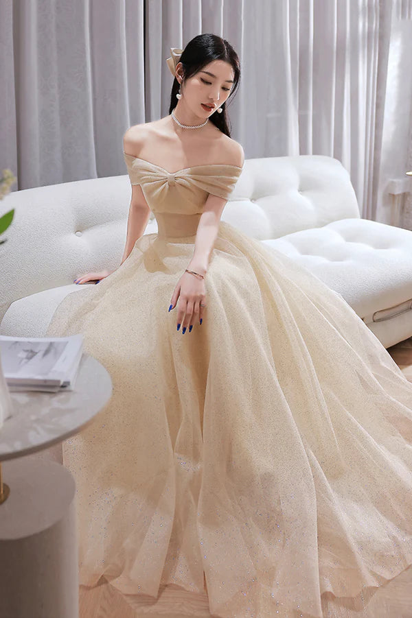 Champagne Tulle Long A-Line Prom Dress Champagne Off the Shoulder Evening Dress