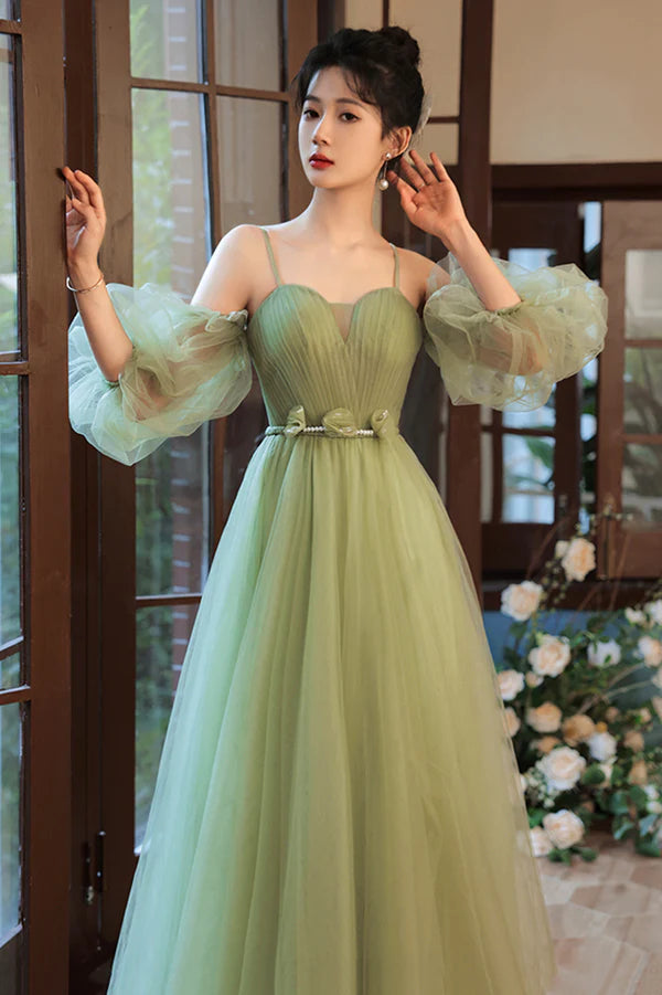 Green Spaghetti Straps Tulle Party Dress Green Sweetheart Long Prom Dress