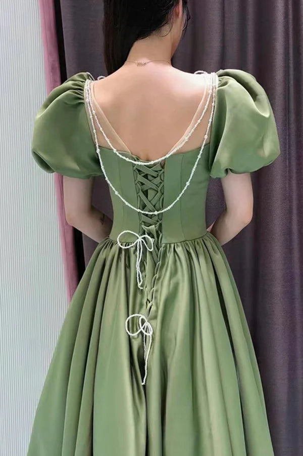 Green Satin Long A-Line Prom Dress Green Short Sleeve Evening Party Dress