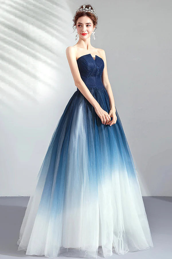 Blue Gradient Tulle Strapless Long A-Line Prom Dress Blue Evening Party Dress