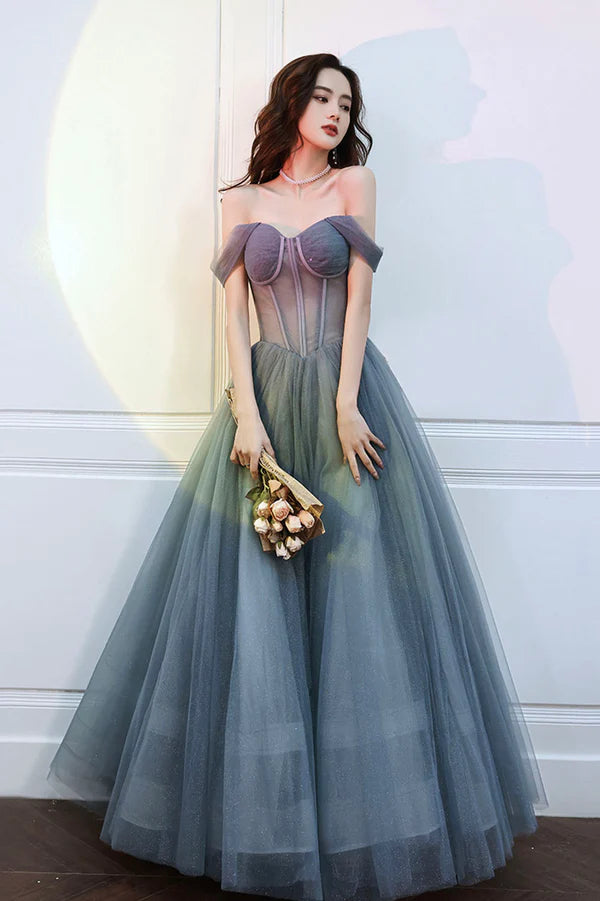 Gray Blue Tulle Long Prom Dress A-Line Off the Shoulder Evening Dress