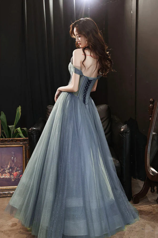 Gray Blue Tulle Long Prom Dress A-Line Off the Shoulder Evening Dress