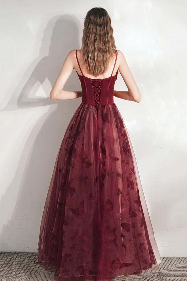 Burgundy Spaghetti Strap Tulle Long Prom Dress Lovely A-Line Prom Dress