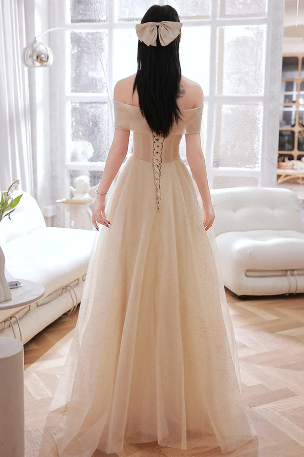 Champagne Tulle Long A-Line Prom Dress Champagne Off the Shoulder Evening Dress