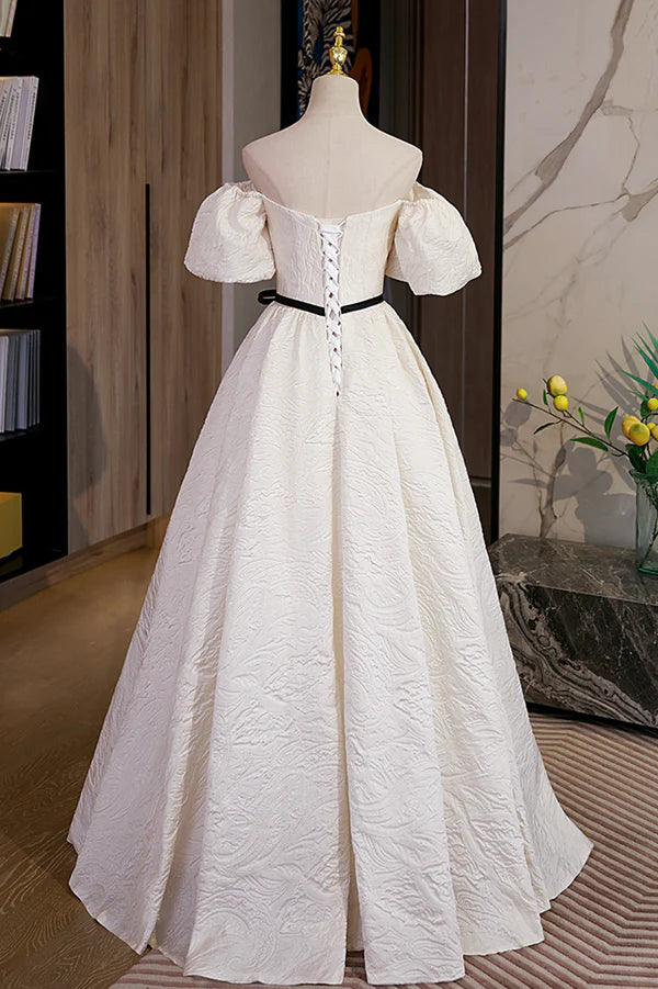 Simple A-Line Jacquard Fabric Long Prom Dress Off the Shoulder Evening Dress