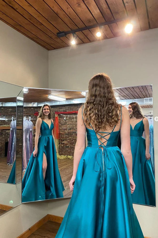 Blue V-Neck Satin Long Evening Party Dress A-Line Prom Dress with Slit