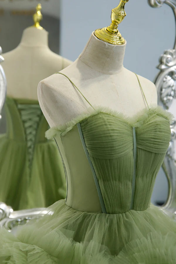 Green Spaghetti Straps Tulle Layers Long Formal Dress Green Evening Party Dress