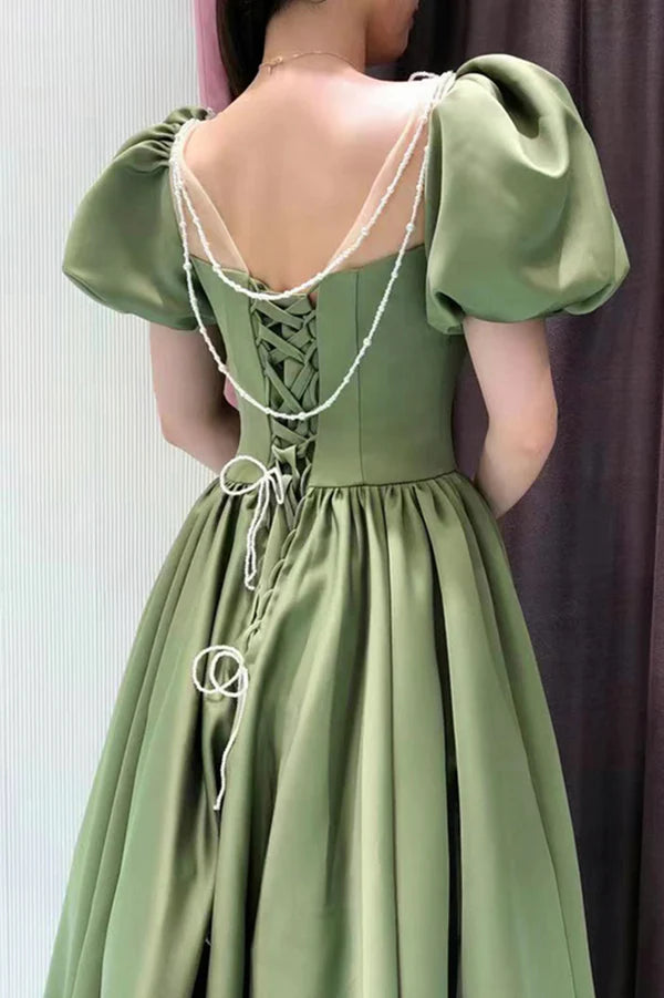 Green Satin Long A-Line Prom Dress Green Short Sleeve Evening Party Dress