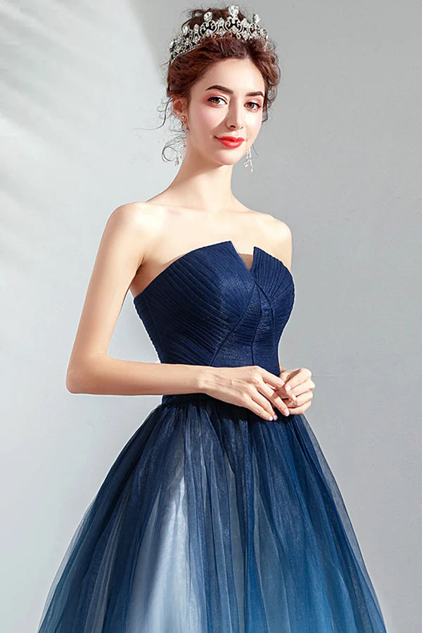 Blue Gradient Tulle Strapless Long A-Line Prom Dress Blue Evening Party Dress