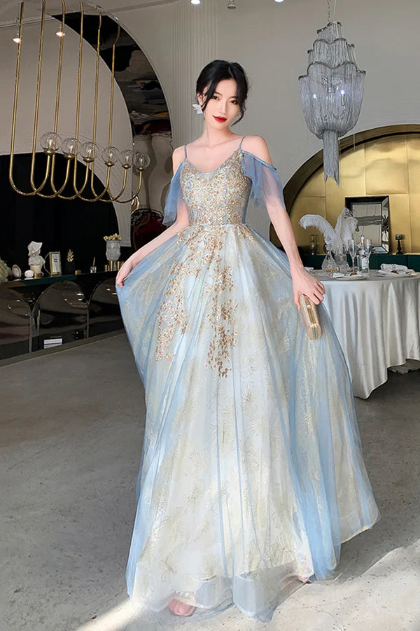 Blue Tulle Long A-Line Prom Dress Beautiful Sequins Evening Graduation Dress