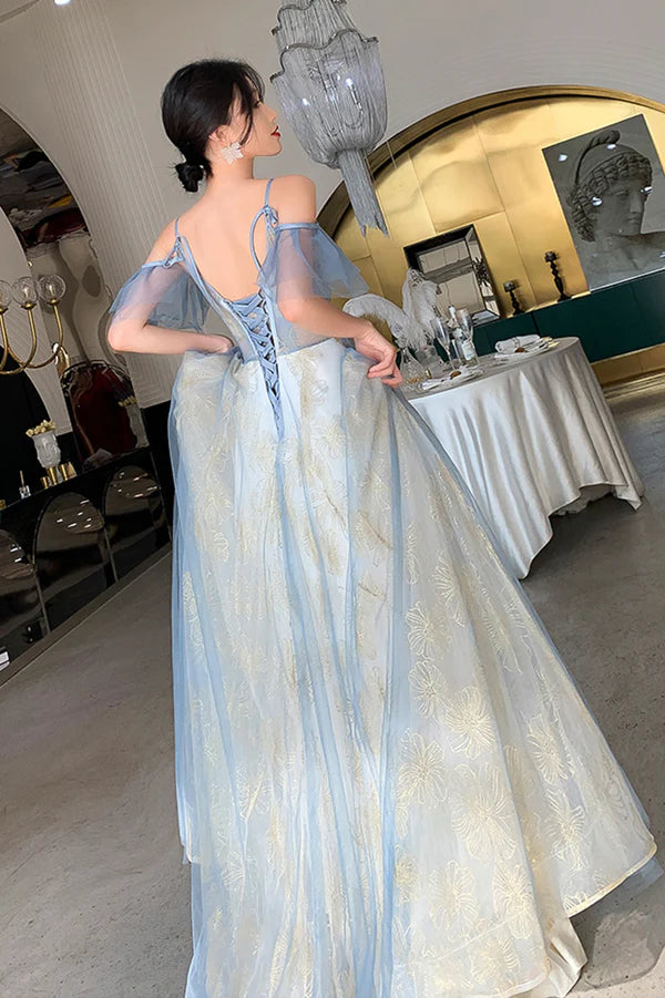 Blue Tulle Long A-Line Prom Dress Beautiful Sequins Evening Graduation Dress