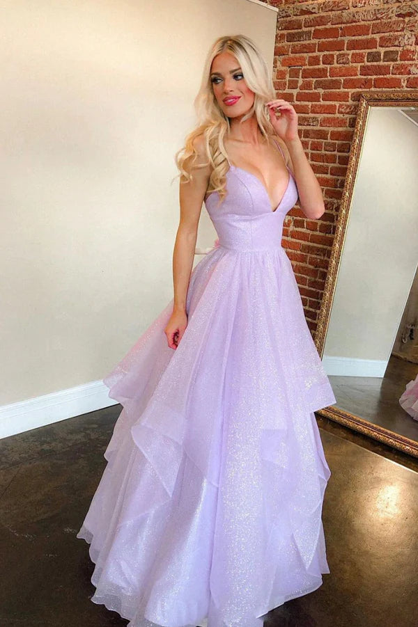 Purple Tulle Long A-Line Prom Dress V-Neck Spaghetti Straps Evening Dress