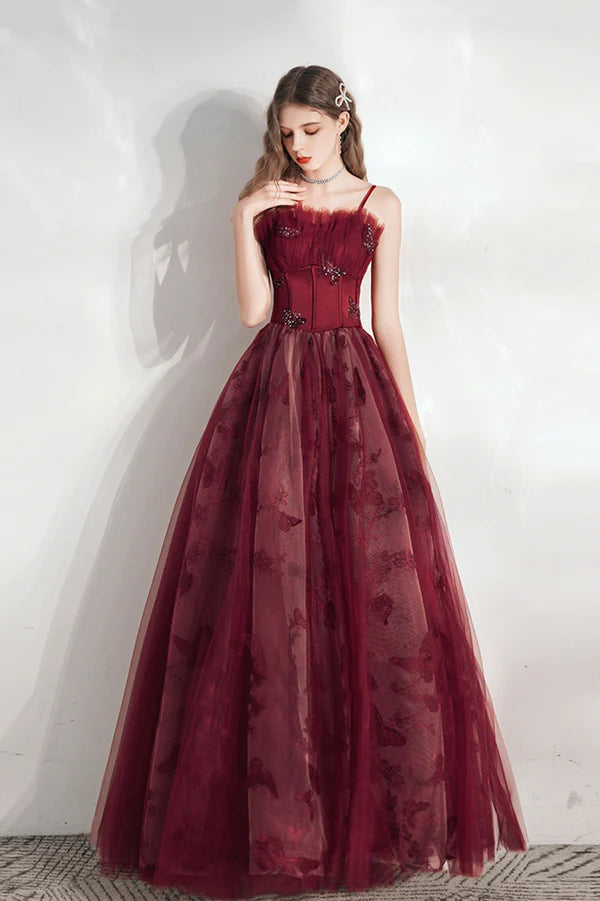 Burgundy Spaghetti Strap Tulle Long Prom Dress Lovely A-Line Prom Dress