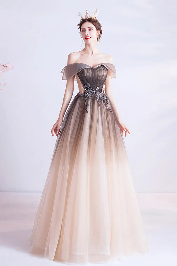 A-Line Gradient Tulle Long Prom Dress Off the Shoulder Evening Dress