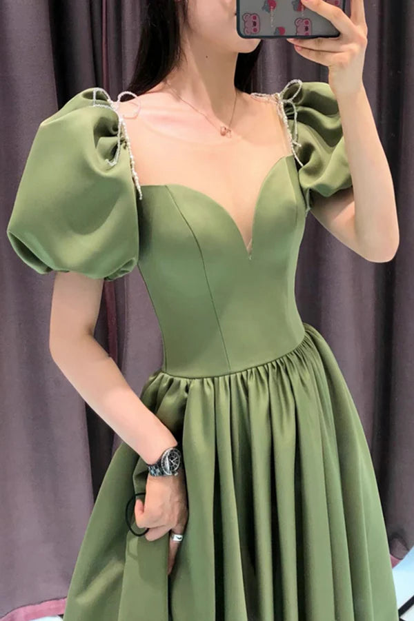 Green Satin Long A-Line Prom Dress Green Short Sleeve Evening Party Dress
