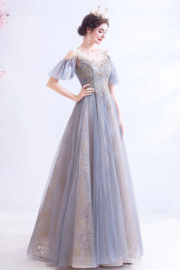 A-Line Tulle Sequins Floor Length Prom Dress Purple Formal Evening Dress