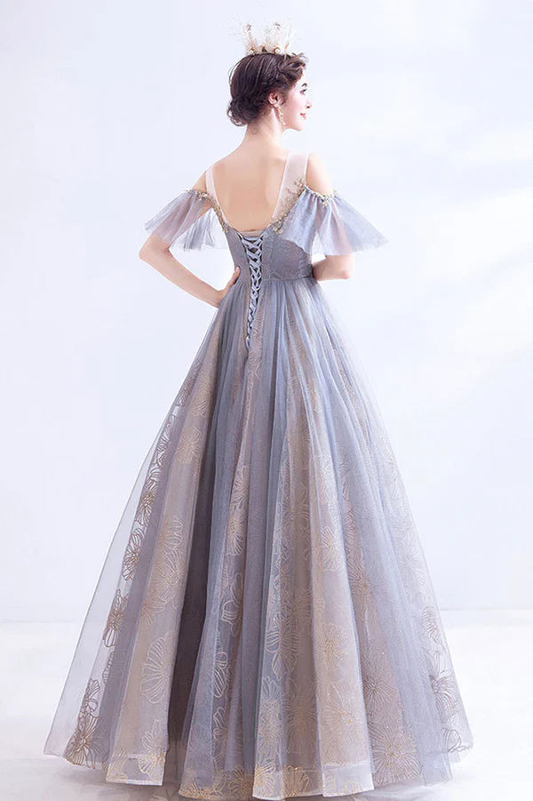 A-Line Tulle Sequins Floor Length Prom Dress Purple Formal Evening Dress