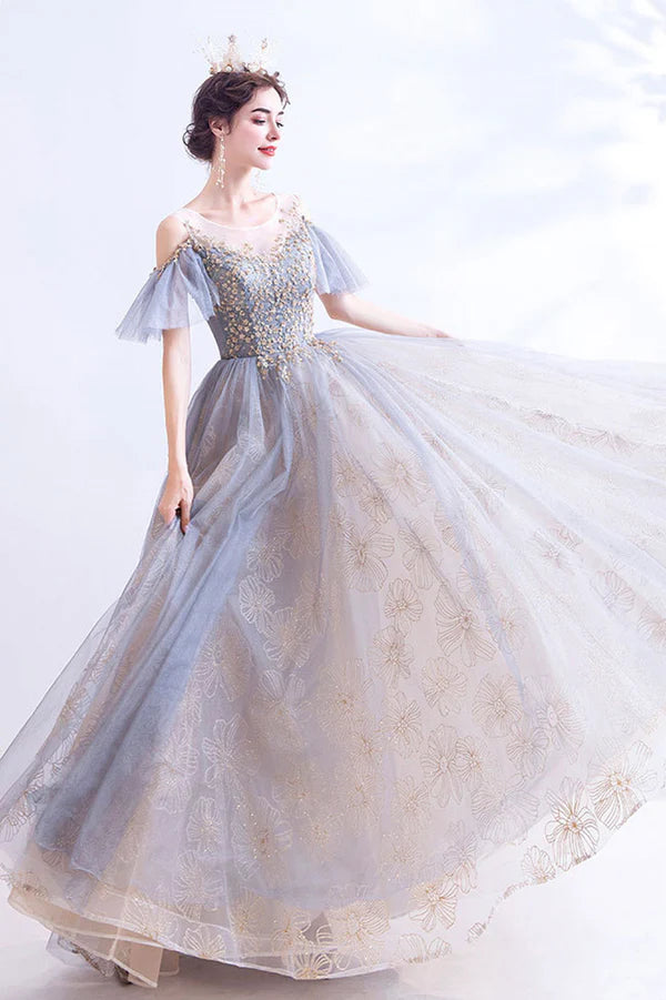 A-Line Tulle Sequins Floor Length Prom Dress Purple Formal Evening Dress