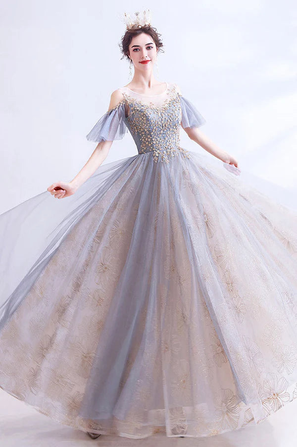 A-Line Tulle Sequins Floor Length Prom Dress Purple Formal Evening Dress