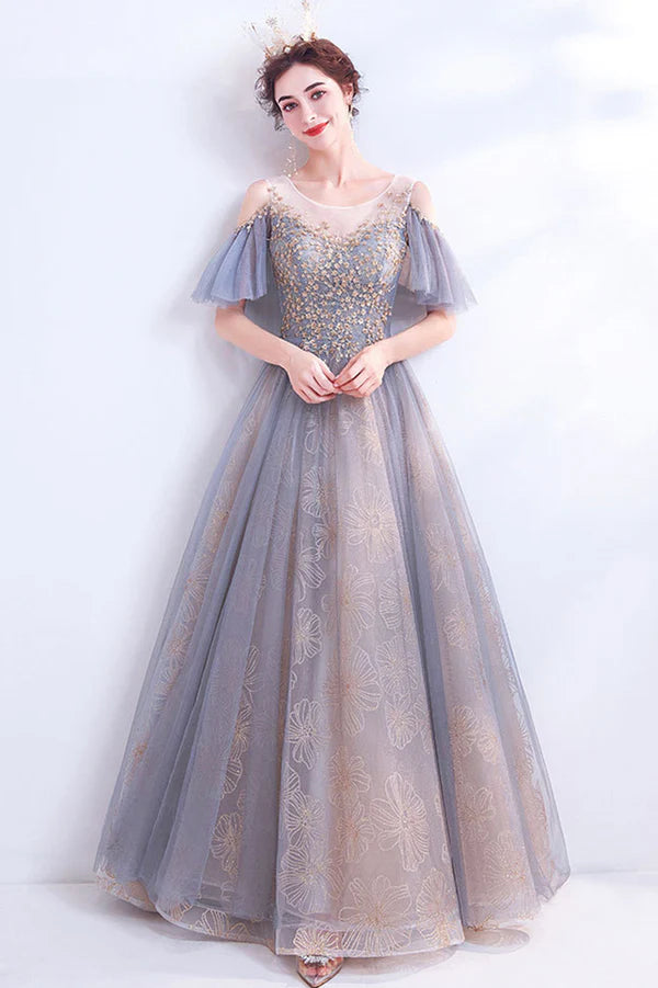 A-Line Tulle Sequins Floor Length Prom Dress Purple Formal Evening Dress