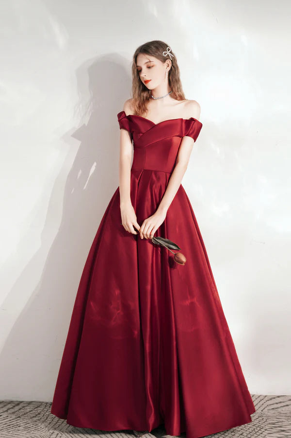 Burgundy Satin Long A-Line Prom Dress Cute Off the Shoulder Evening Dress