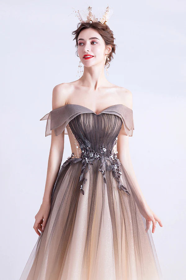 A-Line Gradient Tulle Long Prom Dress Off the Shoulder Evening Dress