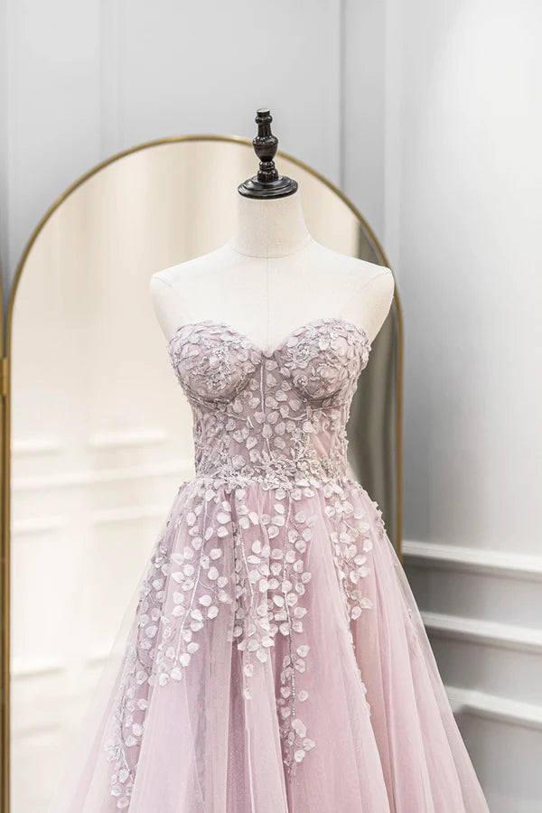 Pink Tulle Sweetheart Long Party Dress Beautiful A-Line Prom Dress